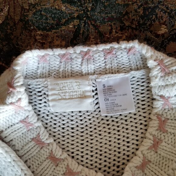 Vintage, 90s, white ramie/acrylic sweater, colour squares, leaves, flowers, S-L - Picture 3 of 5